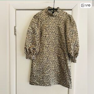 Zara Metallic Lurex Thread Cheetah Print Puff Sleeve Party Cocktail Mini Dress S